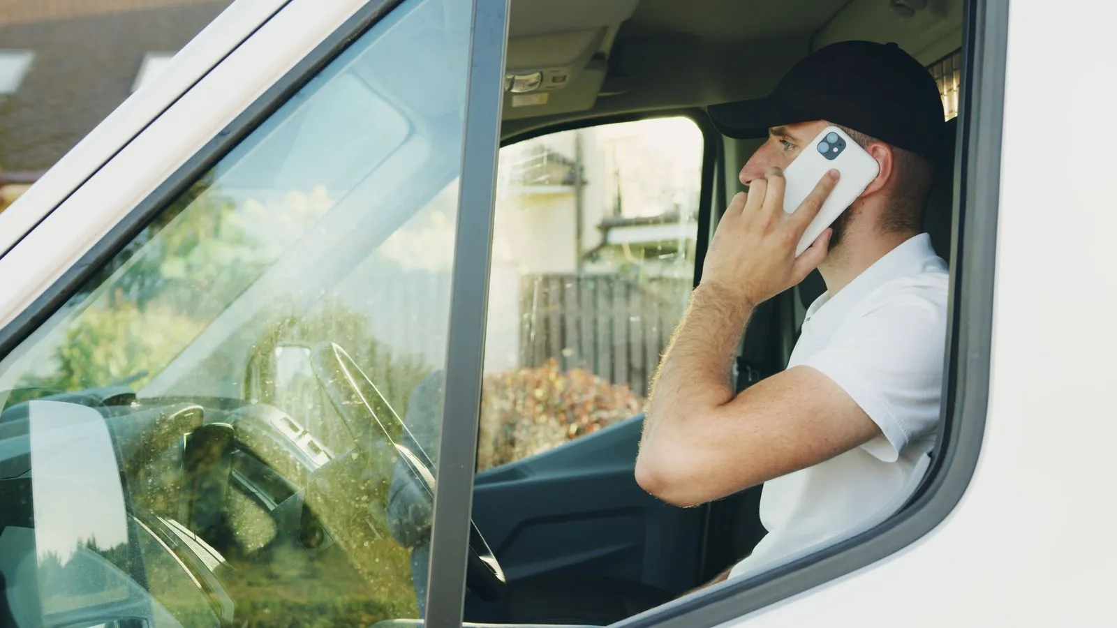 A tradesperson takes a phone call from the driver's seat of a work van.